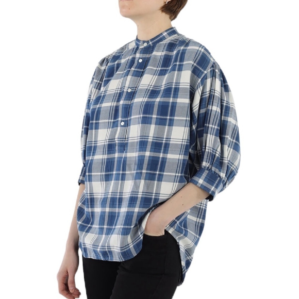 Polo Ralph Lauren Dian Blue Plaid Check Print Puff Sleeve Shirt Size M